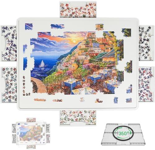 BuilderButler Lightweight 1500 Pieces Rotating Puzzle Board with 6 Sliding Drawers and Cover – 360° Lazy Susan Spinning, 34.25"x26.38" Portable Plastic Puzzle Table, Christmas Gift for Mom