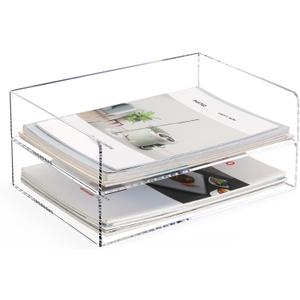 Clear Letter Tray Paper Trays A4 File Desk Organizer, Stackable Acrylic Paper Tray Holder Desktop Storage Organization for Office Home Supplies (Transverse)