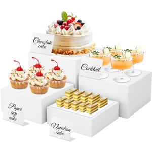 4 Pcs White Buffet Risers with Mini Signs,Acrylic Food Risers for Buffet Table,Display Stand for Dessert,Jewelry,Figures show,Cube Display Base with Hollow Bottoms (6",6.5",7",8")