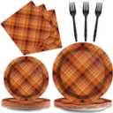 gisgfim 96 Pcs Thanksgiving Fall Orange Plaid Party Supplies Paper Plates Napkins Autumn Party Disposable Tableware Birthday Decorations Favors Serves 24
