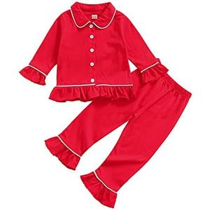 Ayalinggo Toddler Kids Baby Girl Solid Pjs Ruffle Long Sleeve Button Shirt Top and Pants Cotton 2Piece Pajamas Set, Size: 5-6 Years