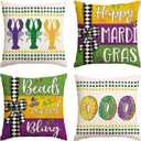 AVOIN colorlife Happy Mardi Gras Beads and Bling Crawfish Smoothie Throw Pillow Covers, 18 x 18 Inch Checked Bow Stripes Holiday Cushion Case Decoration for Sofa Couch Set of 4 (18" x 18" (Pack of 4))