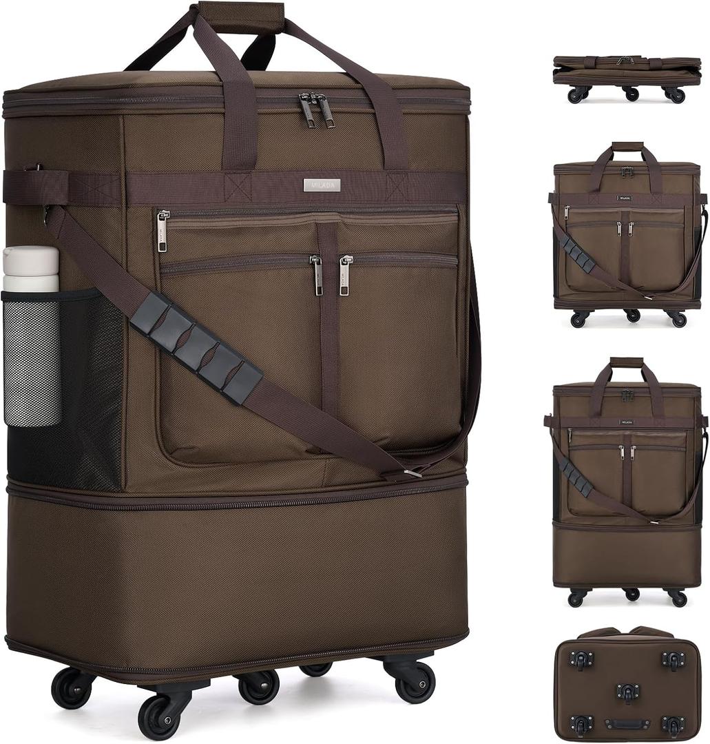 MILADA Expandable Checked Luggage Collapsible Duffle Bag 68L-98L, Coffee, Large