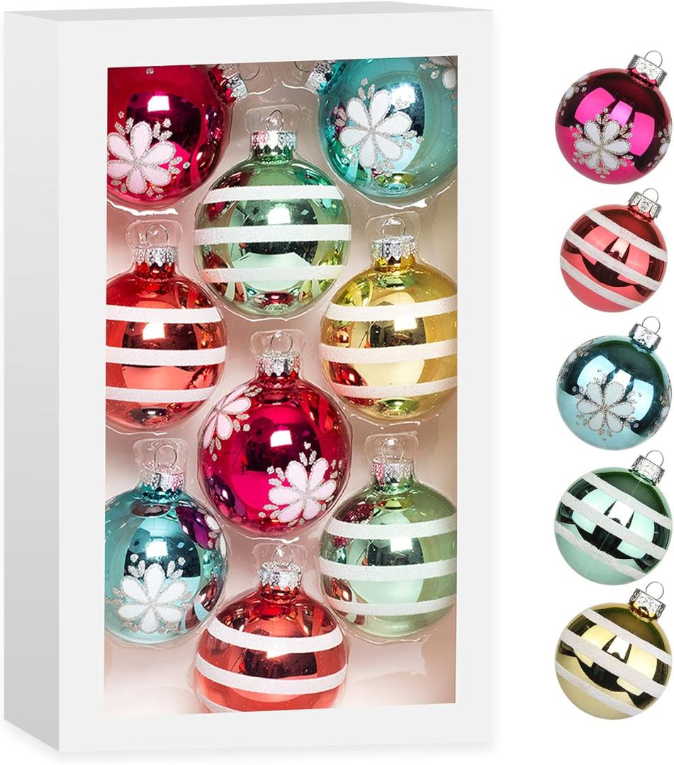 Amooca Christmas Colorful Glass Balls Decoration Festival Party Home Decors Holiday Xmas Tree Hanging Ornaments Set 9pc 2.65in Colorful Stripes & Flowers