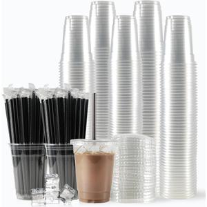 WUHUIXOZ [200 Sets - 12oz Plastic Cups with Lids and Straws, Disposable Cups for Iced Coffee, Smoothie, Milkshake, Cold Drinks - Clear