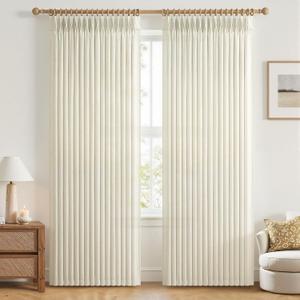 Cream Linen Semi Sheer Curtains 84 Inches Long for Sliding Glass Doors, Memory Shape Pinch Pleated Farmhouse Light Filtering 7FT Length Window Curtain Privacy Drapes with Back Tab (50"Wx84"Lx2 Panels)