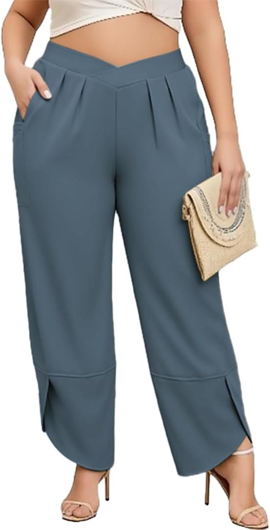 AOVDE Womens Plus Size Palazzo Pants Baggy Wide Leg Pants Elastic Crossover Waist Pleated Front Trousers with Pockets (Blue)