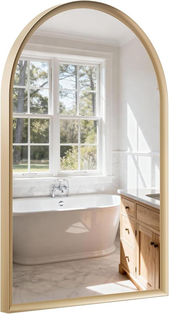 USHOWER Brushed Gold Arched Bathroom Mirror 24x36 Inch