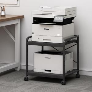 2 Tier Under Desk Printer Stand with Storage, 20 Inches Deep Large Printer Table with Height Adjustable Shelf, Rolling Printer Cart with Wheels for Home Office - Black