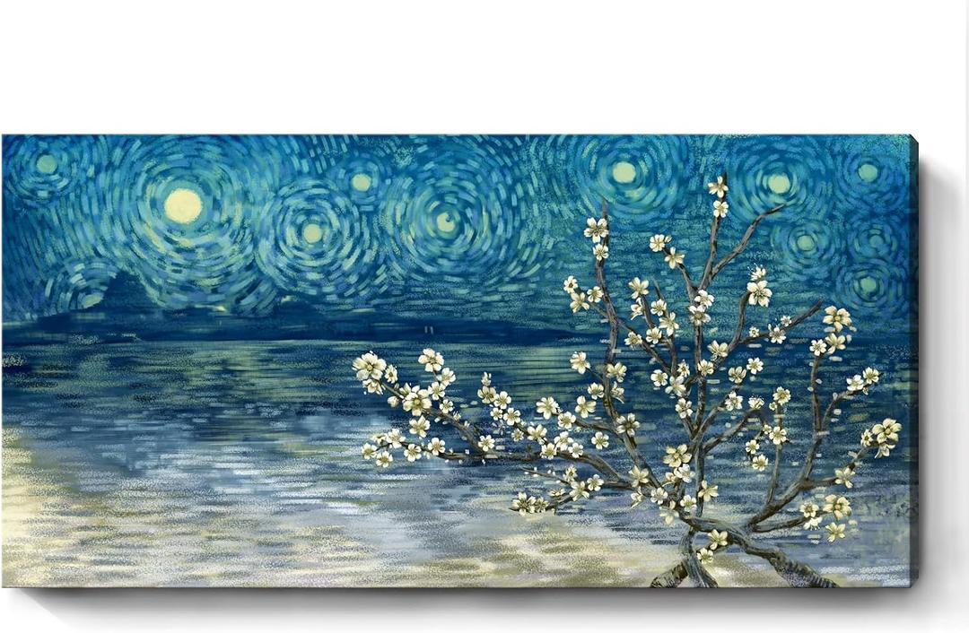 Large Wall Art for Living Room Modern Blue Framed Tree Canvas Print Floral Plum Blossom at Starry Night Landscape Wall Picture Flower Artwork Teal Lake Painting Home Bedroom Décor 48"x24"