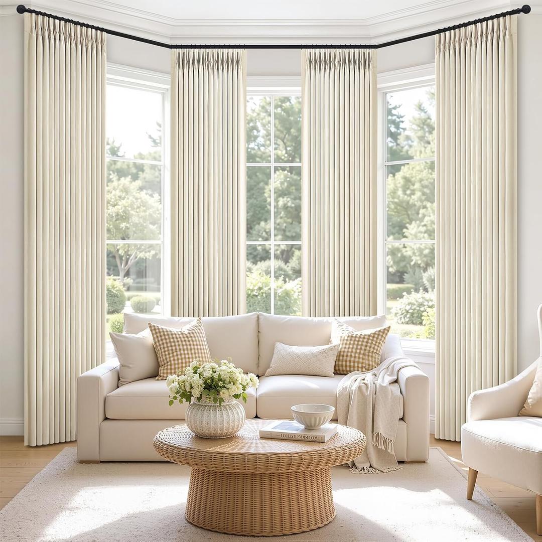 Cream Blackout Pinch Pleated Linen 4 Panels Set Curtains 96 Inches Long for Bedroom, Memory Trained Noise Reducing Heat Blocking 2 Layer Curtain 40x96 Inch Length Farmhouse Living Room Window Drapes