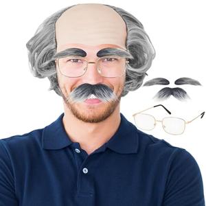 Old Man Bald Cap, Short Grey Bald Cap with Side Hair, Grandpa Wig with Glasses Mustache Eyebrows for Men's Halloween Cosplay Costume