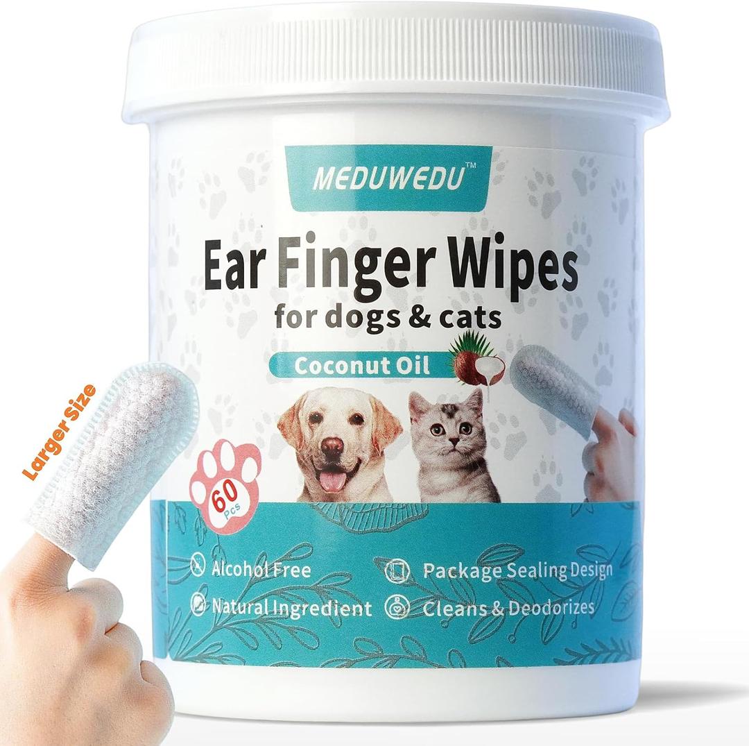Wider Ear Cleaner Finger Wipes 60 Counts, Dog Ear Cleaner, Grooming Kit Care for Dogs and Cats,Otic Cleaning Pads, Remove Wax, Dirt & Stop Smelly, Itchy, Non-Irritating, Coconut Scent (1.77" 60pcs)