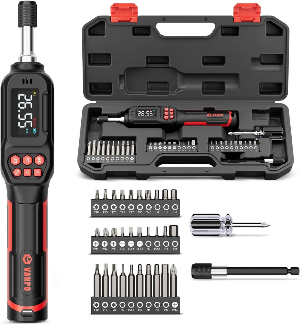 VANPO Digital Torque Screwdriver, 1.77-26.55 in.lb, 2% Accuracy | 0.2-3Nm, 1/4" Inch Pound Torque Screwdriver Set with S2 Bits, LCD Display & Audible Buzzer & 4 Unit for Bike,Scope Mounting