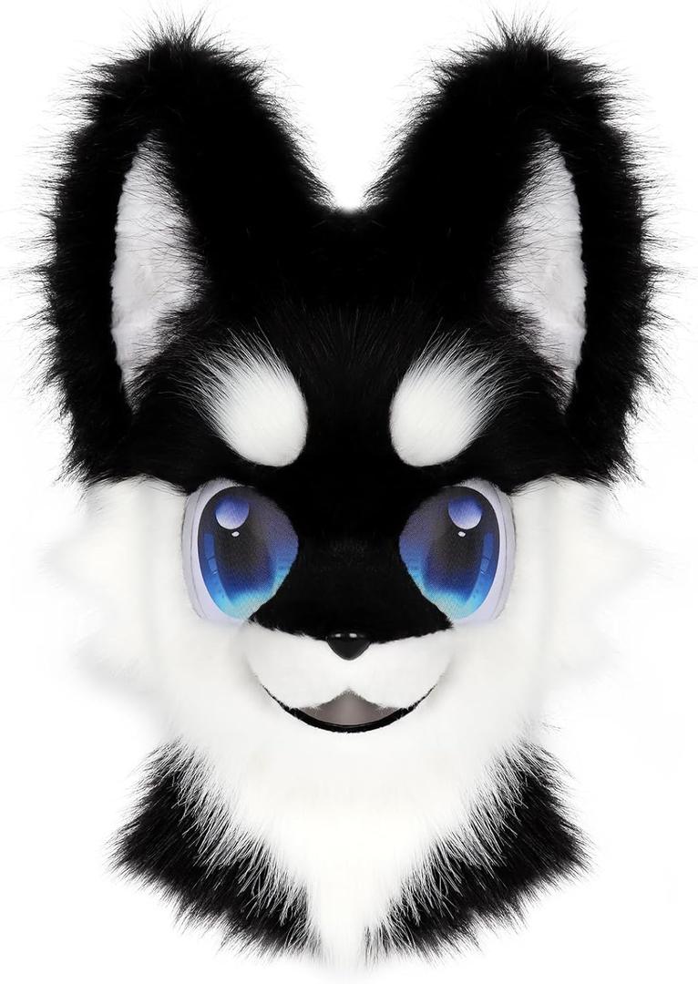 Animal Full Head Dog Mask Fursuit Therian Plush Realistic Masks for Party Halloween Cosplay Costume Accessory (Blackwhite)