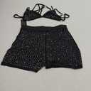 Women Sparkle Rhinestone Mesh Sheer Bikini Sets Halter Bra Top High Waist Shorts Bottom Swimsuits Rave Outfit Size L