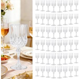 Teruntrue 48 Pcs Clear Plastic Wine Glasses Vintage Wine Glass for Parties Crystal Plastic Goblets Drinking Glasses Reusable Drinkware for Wedding, Valentines Day, Parties, Grand Event