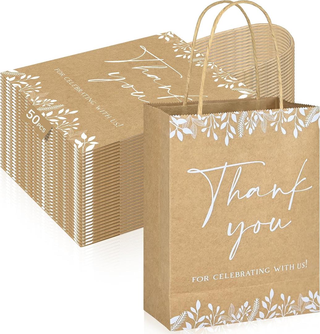 50 Pcs Wedding Kraft Paper Gift Bags Bulk for Return Thank You Appreciation After Party Supplies Goodie Bag Ceremony Reception Welcome Baby Shower Birthday Guests Double Sides Eucalyptus Leaf Theme, 1 Count