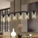 40.15'' Large Farmhouse Dining Room Light Fixture, 6-Light Kitchen Island Lighting, Black and Rustic Wood Adjustable Farmhouse Chandeliers for Dining Room Pendant Light Fixture, 6 Clear Glass Shades