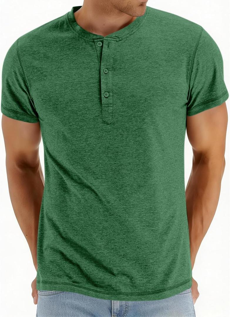 Men's Henley Short Sleeve Shirts Casual T-Shirts Button Top Summer Soild Basic Tee (Green, M)