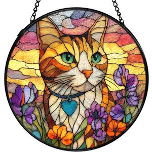 Cat Flower Suncatcher Stained Glass Window Hanging, Orange Cat Sun Catchers Indoor Window Glass Wall Art Decor, Kitten Floral Wall Hanging Decor Decorations, 7.9x7.9 Inch