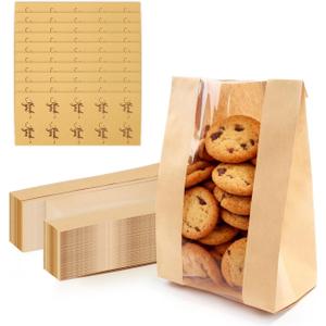 WYTAOHZL 100PCS Cookie Bags 7.48 x 3.93 x 2.36 inch Brown Paper Bags with Stickers Kraft Bakery Bag with Window for Cookies Snacks Candies