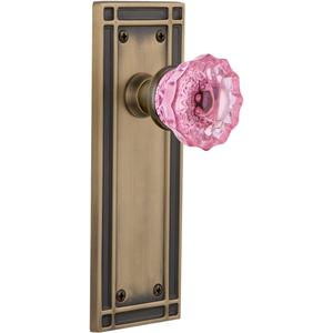 Nostalgic Warehouse 723388 Mission Plate Double Dummy Crystal Pink Glass Door Knob in Antique Brass