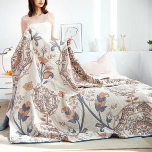 Boho Throw Blanket for Bed 100% Cotton Ultra Soft Rustic Quilt Floral Farmhouse Decor Bed Spring Blanket,80"x90" All Season Rustic Throw for Sofa Couch Chair