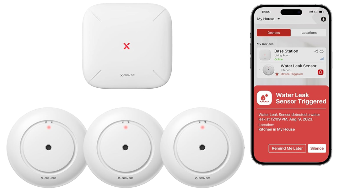 XSense WiFi Water Leak Detector, Smart Water Sensor Alarm, Water Detector Alarm with 1700 ft Transmission Range for Kitchens, Basements, Bathrooms, 3 Water Detectors & 1 Base Station, Model SWS54