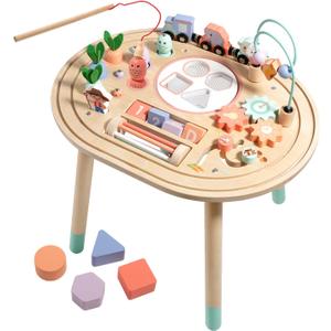 Dmitoora® 10 in 1 Montessori Toys for 1 Year Old Activity Table | wooden Montessori table, sensory toy, baby activity center, train track, fishing game, shape sorter, boys girls gift