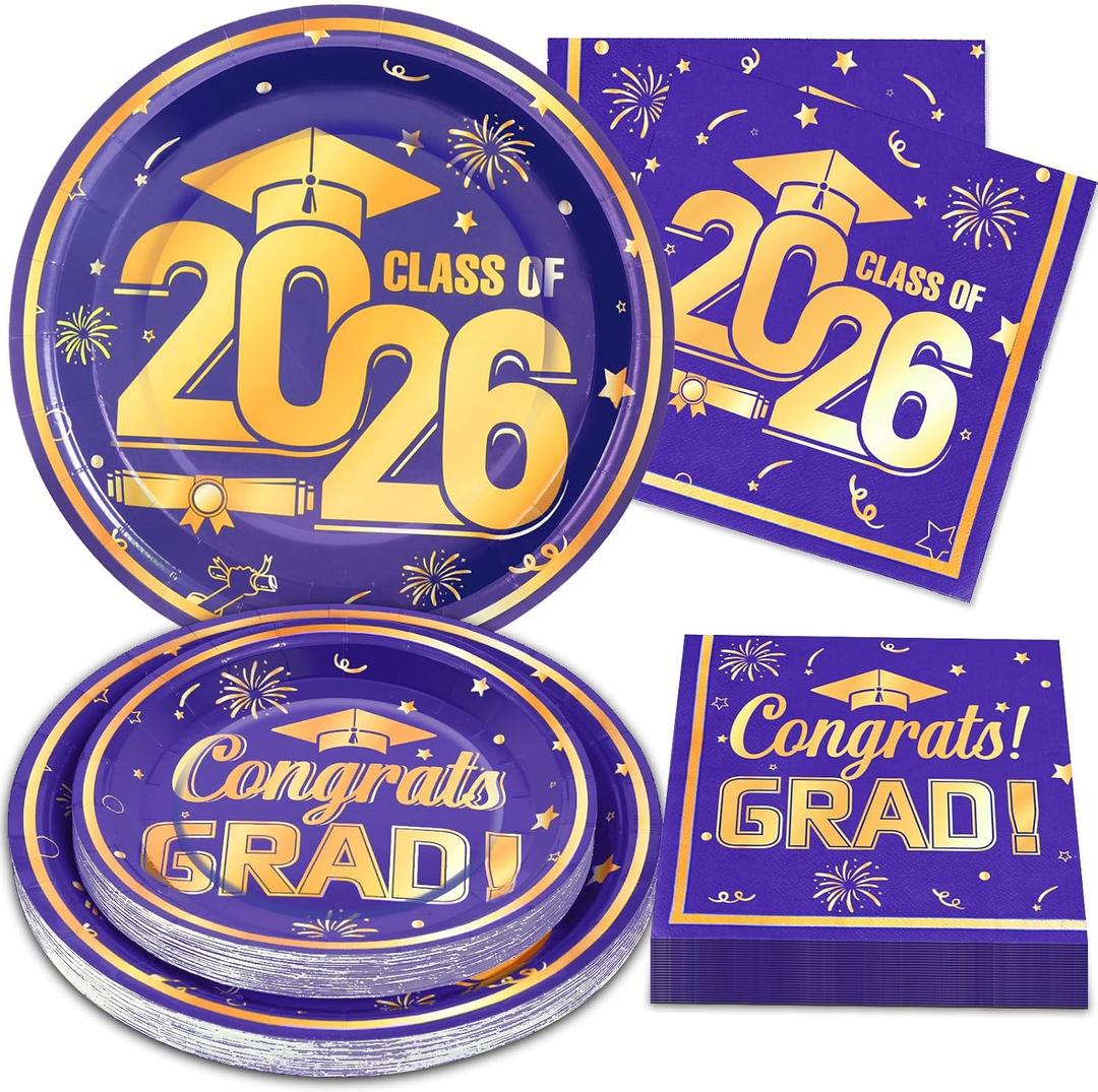 60Pcs Graduation Paper Plates and Napkins 2026 Blue and Gold Graduation Plates and Napkins Party Supplies Class of 2026 Congrats Grad Disposable Paper Plates Napkins Set, Serve 25