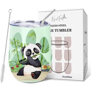 NymphFable 12oz Panda Gifts Wine Tumbler with Lid and Straw Insulated Stainless Steel Panda Cups