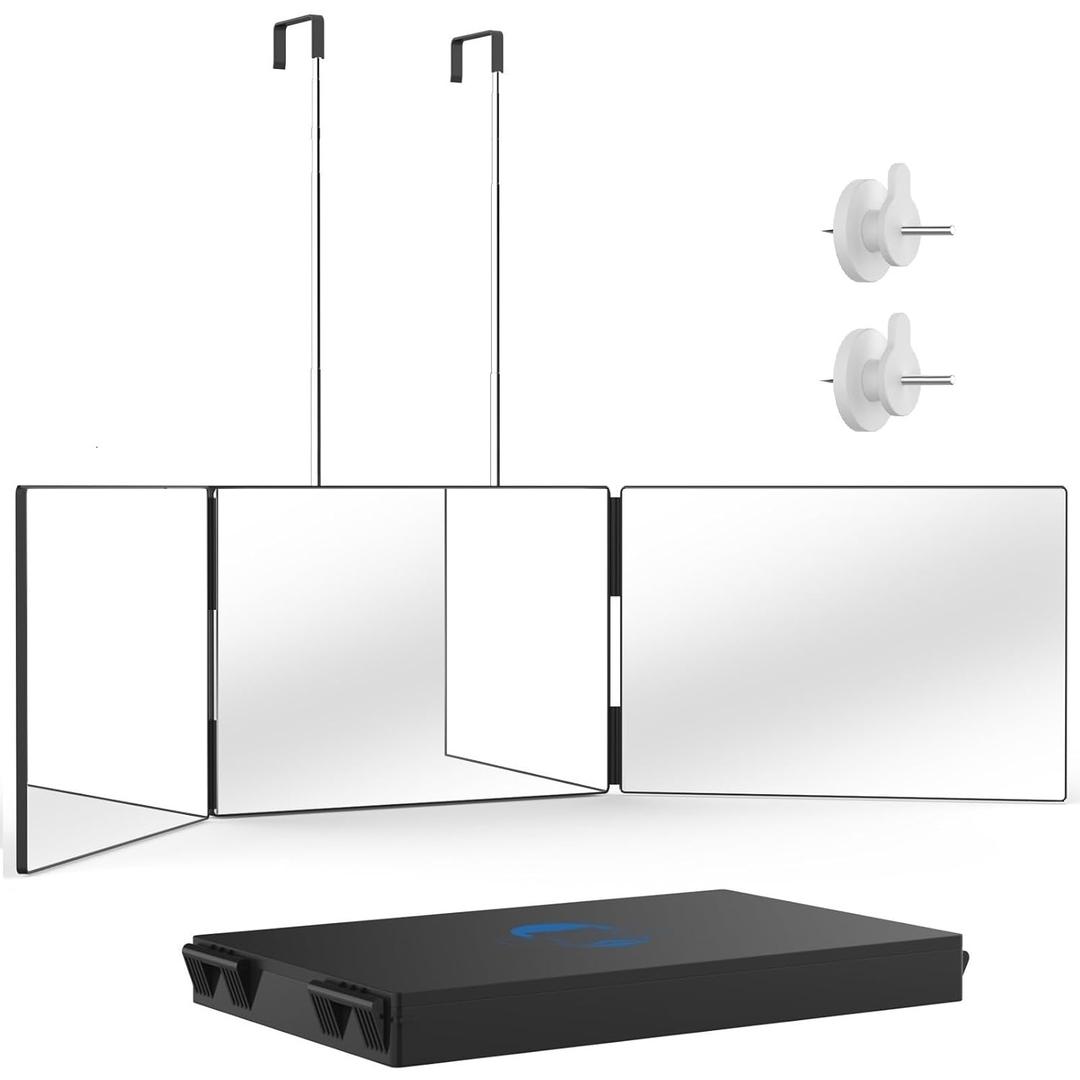 OLIBUY 3 Way Mirror for Hair Cutting, Three Way Mirror for Shaver and Makeup, Height Adjustable with Two Hold Nails, 360 Viewing Angle, Clear Anti-Fog HD Glass (Black Without Led)
