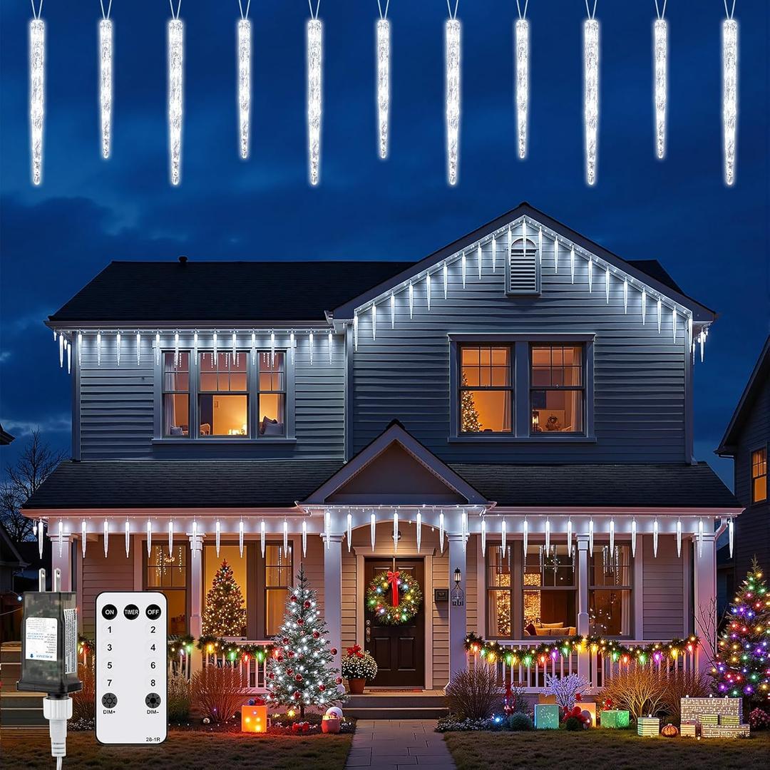 Brightown Icicle Lights Outdoor 20ft with Remote - 20 Tubes 100 LED Iced Tube Christmas Lights, Waterproof Icicle Decor Outdoor Indoor for Tree Patio Roof Holiday Decor, Cool White