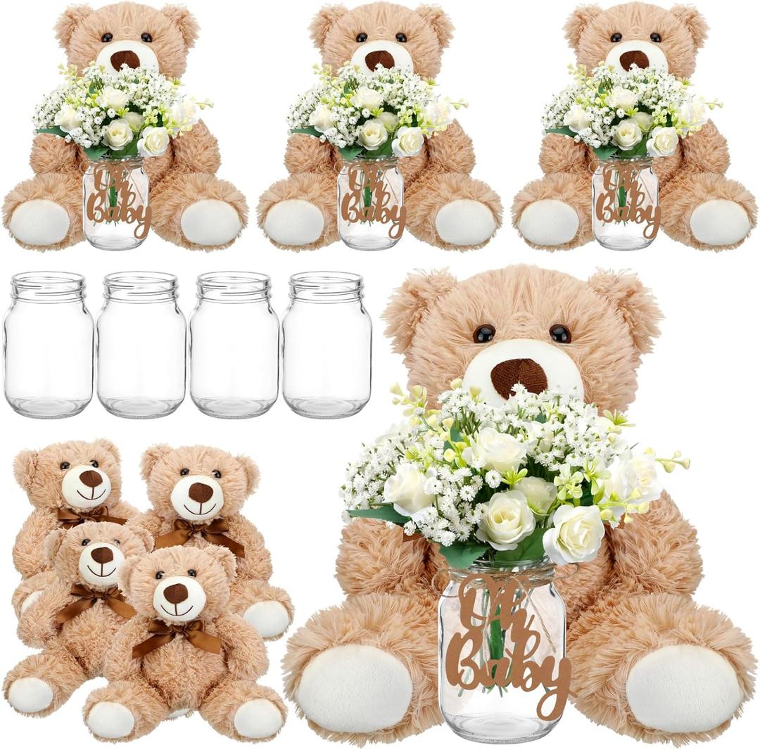 Sliner 33 Pcs Bear Centerpieces for Baby Shower Decorations Baby Shower Table Centerpieces with Bears Mason Jars Roses Bouquet Tags Burlap Rope for Gender Reveal Birthday Party Decoration(White)