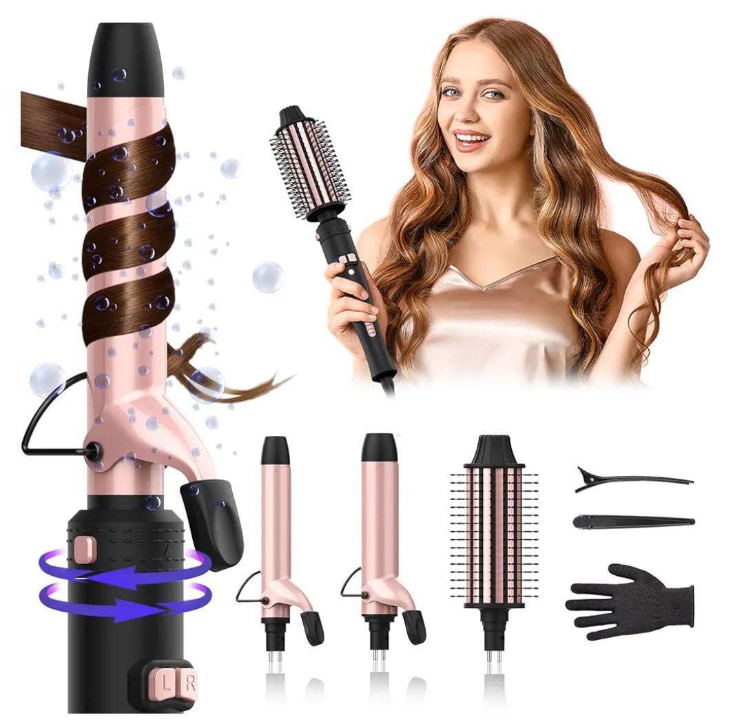 Rotating Curling Iron, 3 in 1 Automatic Curling Iron 1, 1 1/2, 1 3/4 Inch, Thermal Brush Set, Ionic Ceramic Barrel Hair Curler, Fast Heating,Travel Dual Voltage Self Curling Wand for Beach Waves