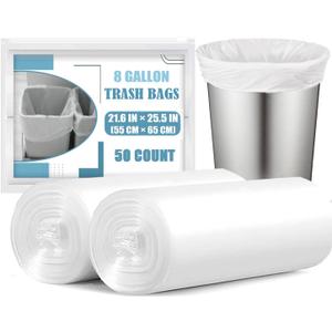 8 Gallon Trash Bags - 50 Count 8 Gal Medium Trash Bags, Unscented White 8 Gallon Garbage Bags