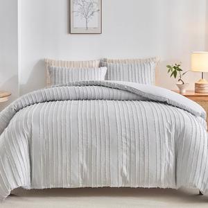 WARMDERN King Boho Duvet Cover Set, Light Grey Striped Microfiber 3pcs Bedding, Zipper Closure, Tufted Bohemian Design, Ultra Soft, Machine Washable