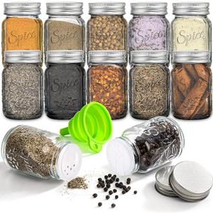 Coloch 9 Pack 4Oz Glass Mason Spice Jar with Shaker Lids& Labels, Empty Spice Bottle Mini Mason Jars with Airtight Metal Caps and Collapsible Funnel for Herbs & Spices