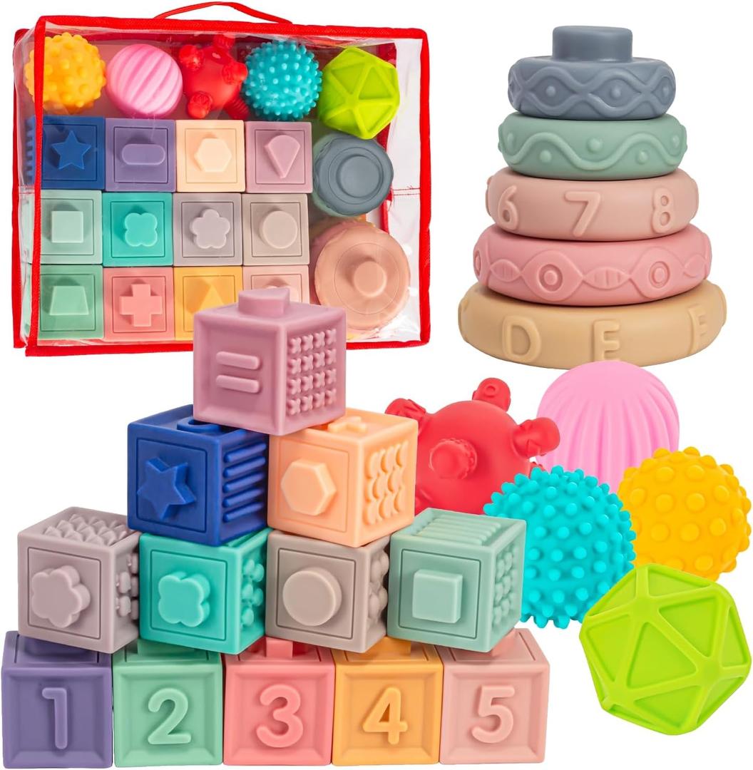 SpringFlower 3 in 1 Montessori Toys for Babies 0-3-6-12 Months, Soft Baby Teething, Stacking Building Blocks for Infants, Sensory Developmental Education Toys for Toddler Baby 12-18 Months,22 PCS