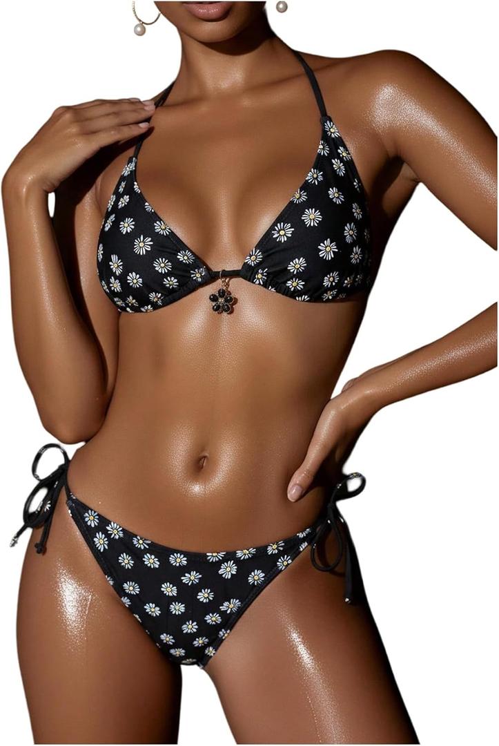 SOLY HUX Women's Floral Bikini Swimsuits Halter String Thong Bathing Suit Two Piece Swimwear Beach Wear Small