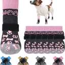 KOOLTAIL Anti Slip Dog Socks for Hot/Cold Pavement to Prevent Licking Paws, Dog Boots&Paw Protector with Grippers for Hardwood Floors,Traction Control No Twist Booties for Dogs M (Pink with Woof Pattern)
