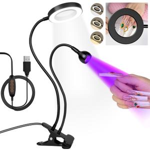 AORAEM LED UV Nail Lamp: Double-Headed Gooseneck UV Lamp for Gel Nails, LED Flash Cure Light with 6X Magnifier Home DIY Salon, Black (Small)