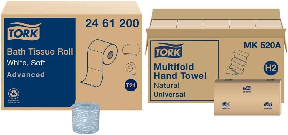 Tork Toilet Paper Roll White T24, Advanced (2-Ply) and Tork Multifold Hand Towel Natural H2, Universal (1-Ply)
