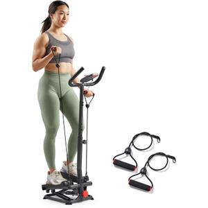 Sunny Health & Fitness Total Body 2-in-1 Smart Stepper Machine for Home with Handlebar and Resistance Bands (Grey)