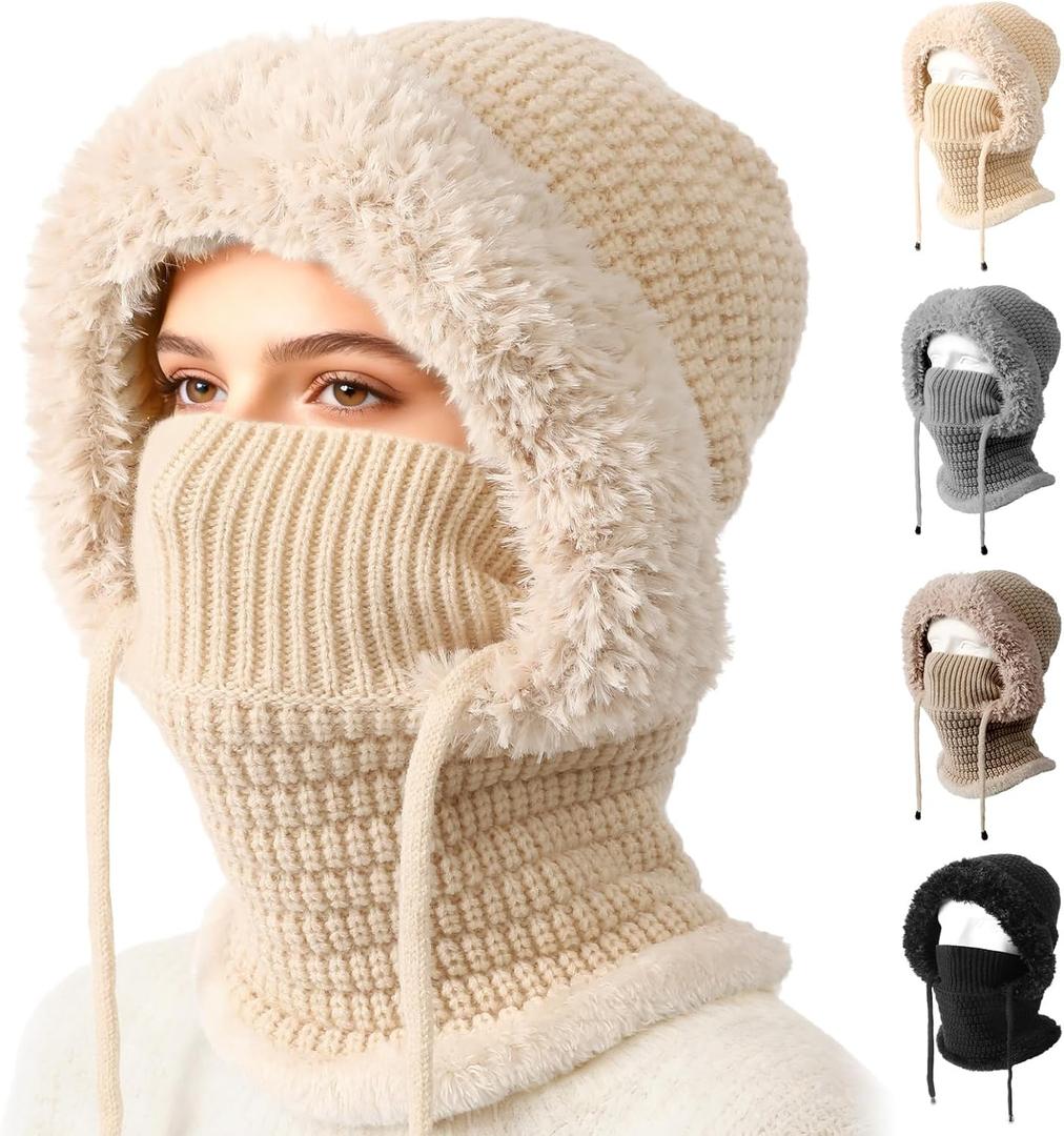 3 in 1 Beanie Hat for Women,3 in 1 Beanie Hat with Scarf and Mask,Knitted Ski Scarf and Mask Set,Womens Knit Beanie Hats (Beige)