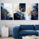 Blue Gold Abstract Canvas Wall Art Golden Tree Picture Blue Watercolor Prints Poster Navy Blue Abstract Painting Blue Gold White Abstract Art Modern Blue Picture Gold Foil Artwork 16x24inchx3 No Frame