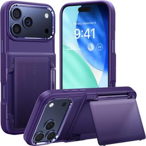 UYOUNG for iPhone 17 Pro Max Case Wallet with Card Holder, High End Metal Frame Lens Cover, Military Drop Protection, Rugged Heavy Duty Men Women Protective Phone Case for iPhone 17 Pro Max, Purple