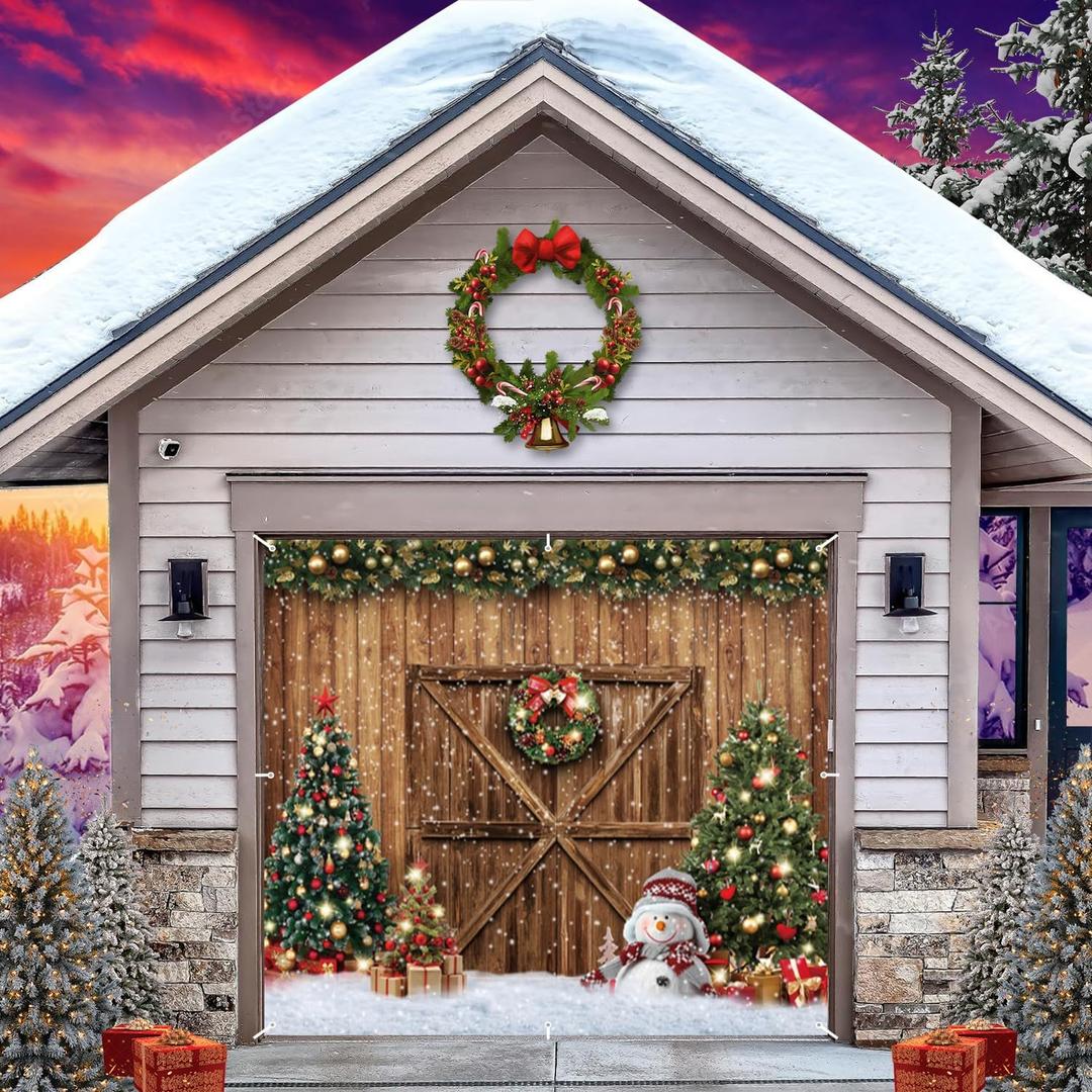 Christmas Garage Door Cover Decorations Banner Backdrop, Winter Holiday Garage Door Banner Cover, Wood Barn Xmas Tree Snowflake Xmas Single Garage Door Cover for Outdoor Holiday Decorations Large 7x8ft