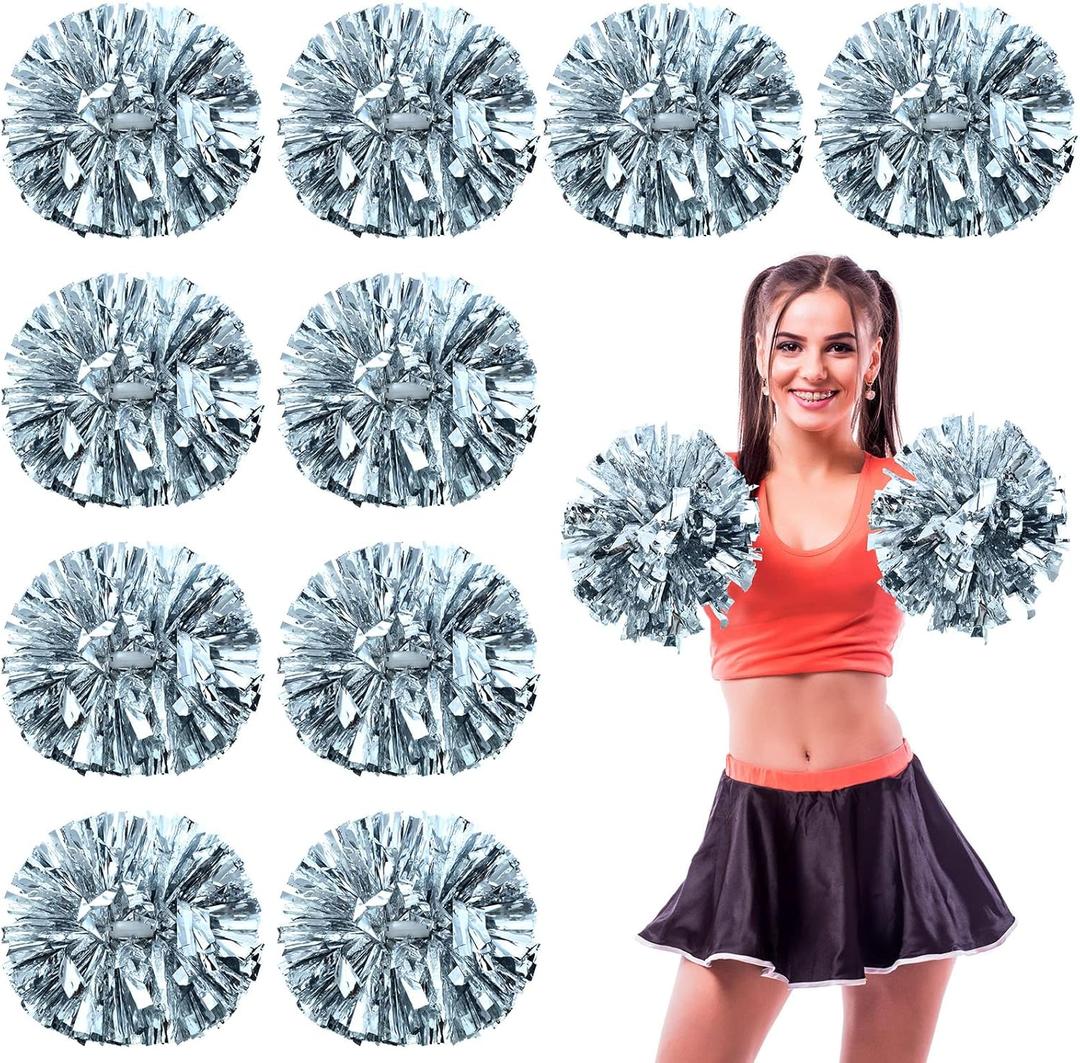 WILLBOND 12pcs Cheerleading Pom Poms Bulk Metallic Foil Cheerleader Pompoms with Baton Handle for 2026 Soccerball Basketball Cheering Squad Team Game Sports Dance Party Spirit (Silver)